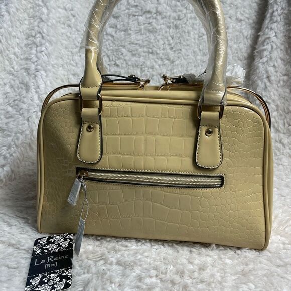 NWTLa Reine Patent Beige croc prints faux leather satchel gold tone frame accent - Picture 4 of 12